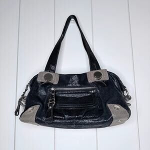 B Makowsky Leather Hobo Bag Black Gray Slouchy Shoulder Leopard Lining